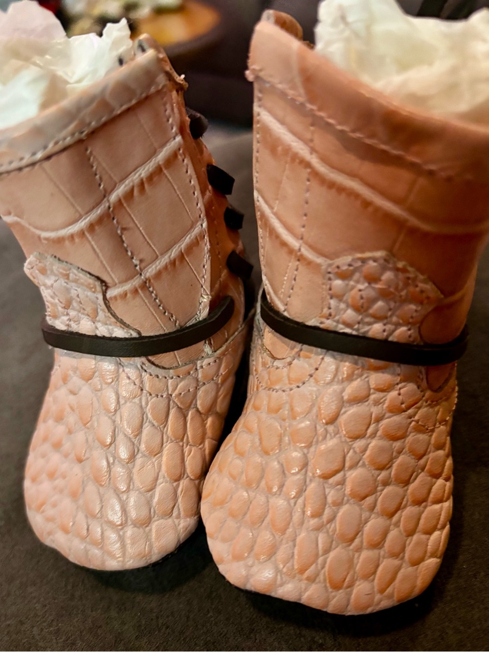 freebird Pink Faux-Croc Baby Boots with Black Strap